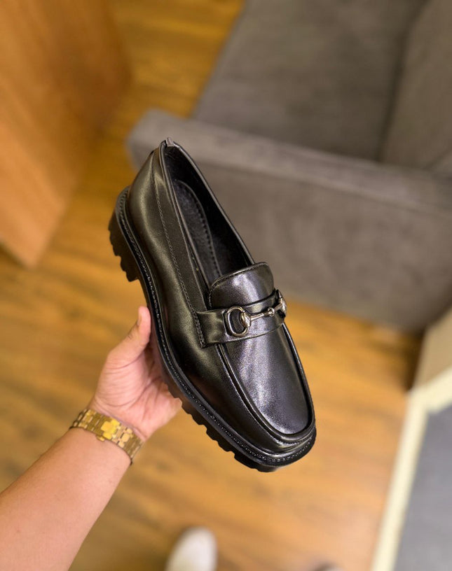 Men's Luxury Chunky Black Loafers with Signature Buckle - Showroom Quality